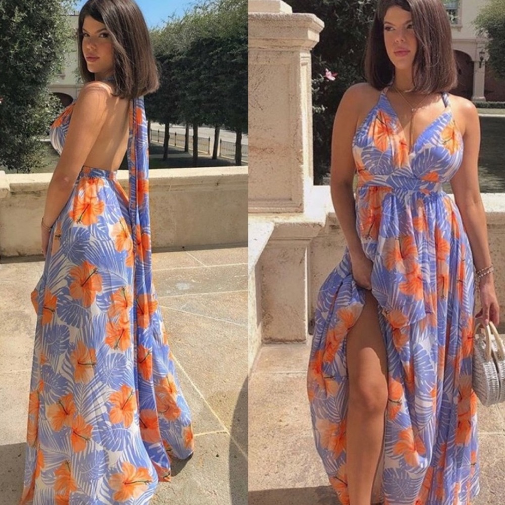 Flowers and lavender leaf print maxi dress.